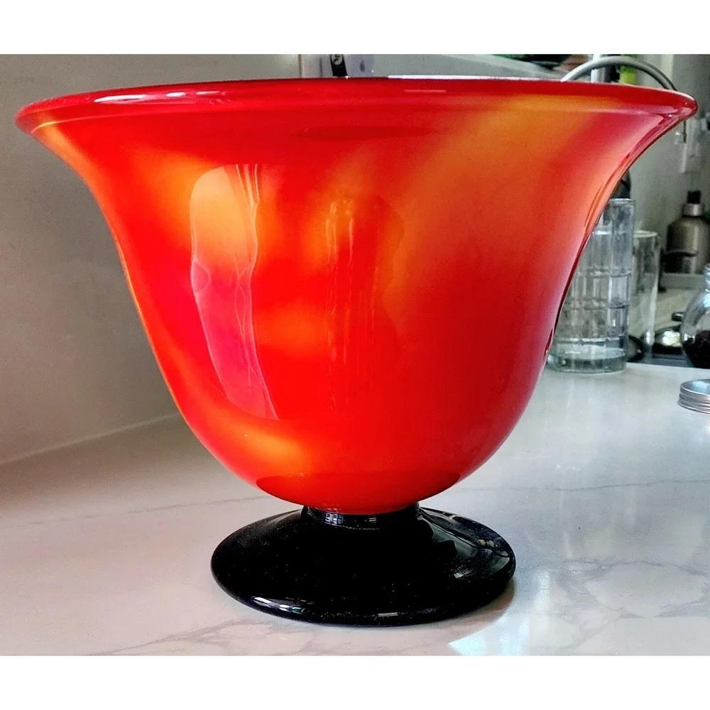 Red Orange Fire Blown Glass Bowl Vase Cobalt Blue Pedestal Base